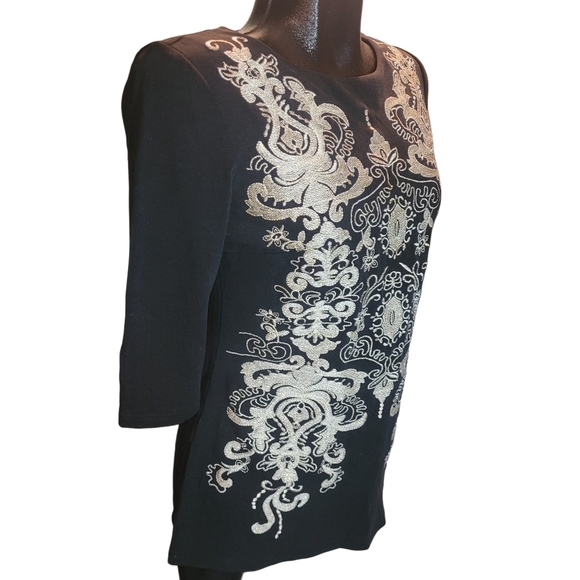 Terra Nostra Black Cropped Sleeve Top With Embroidered Front XS - Picture 3 of 7